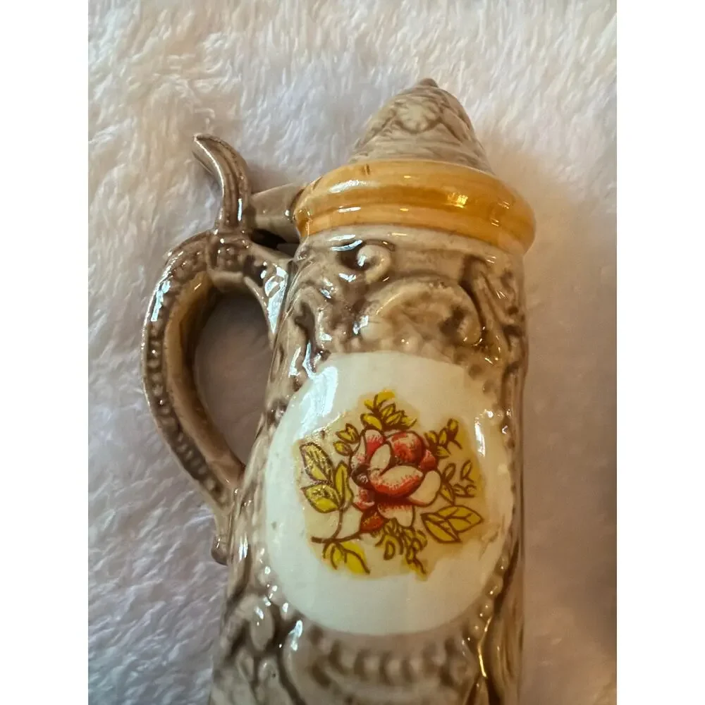 Vintage Mini Ceramic Beer Stein Salt & Pepper Shakers Floral Relief Japan Set 2
